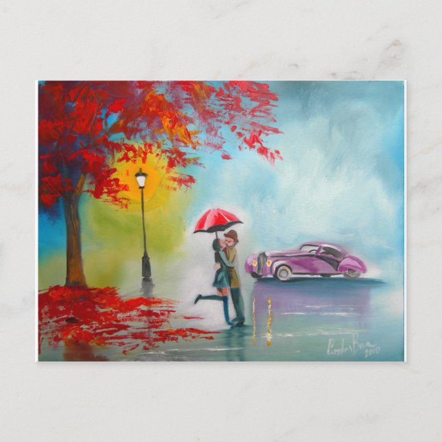 RAINY DAY RED UMBRELLA ROMANTIC COUPLE VYKORT (Framsida)