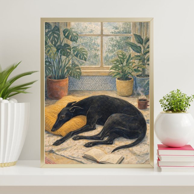Rainy Day Serenity with Sleeping Black Greyhound Poster (Skapare uppladdad)
