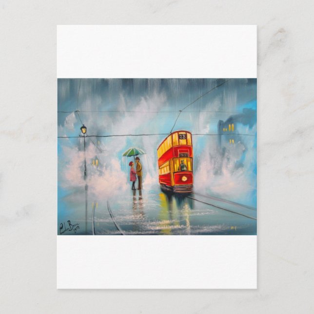 RAINY DAY UMBRELLA RED TRAM-romantiskt par Vykort (Framsida)