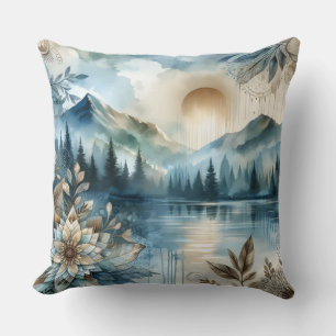 Rainy Day Watercolor Mountain Sjö Rustic Boho Kudde