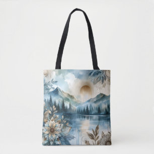 Rainy Day Watercolor Mountain Sjö Rustic Boho Tygkasse