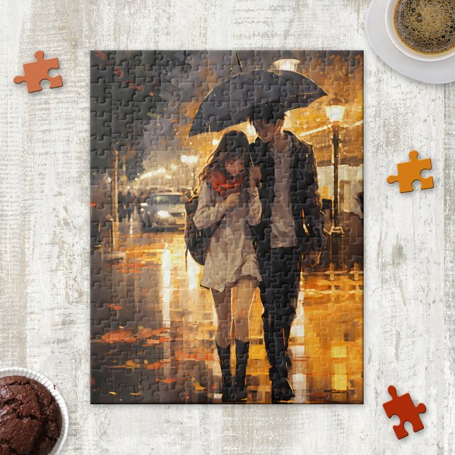 Rainy Fall Day Kärlek Umbrella Puzzle Pussel (Puzzle featuring a romantic painting of a couple with umbrella on a rainy autumn day )