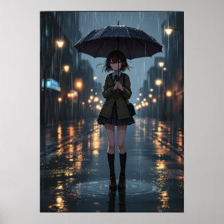 Rainy Night Anime Girl med Umbrella Poster