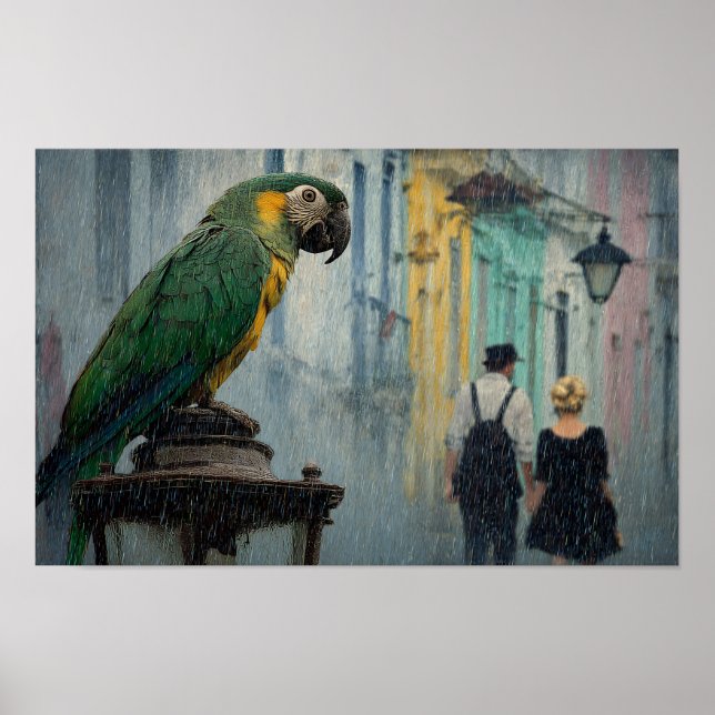 Rainy Romance with Parrot – Parrot on Lamp in Rain Poster (Framsidan)