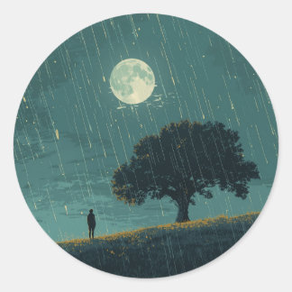 Rainy Solitude – Lonely Person & Tree Illustration Runt Klistermärke