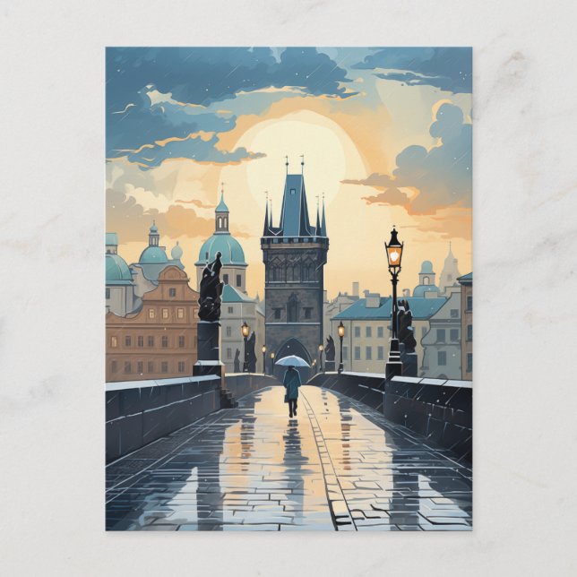 Rainy Sunset Walk på Charles Bridge Helg Vykort (Framsida)