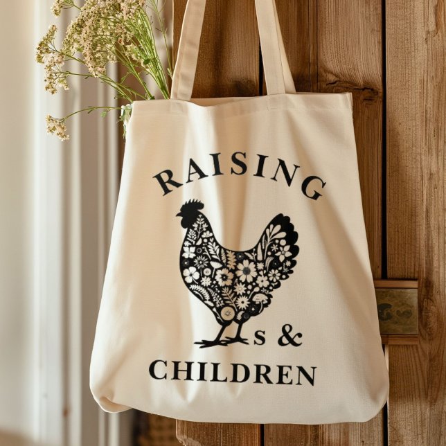Raising Chickens Funny Homestead Farm Tygkasse (Raising chickens and children tote bag.)