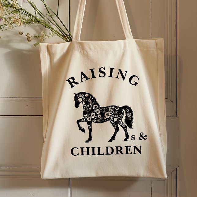 Raising Horses & Children Wildblomma Equestrian Tygkasse (Raising horses and children tote bag for horse lovers.)
