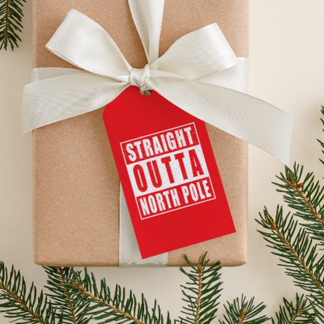 Rak Outta North Pole julklapp Helgdag Presentetikett (red funny straight outta North Pole Christmas gift tag with the explicit lyrics symbol )