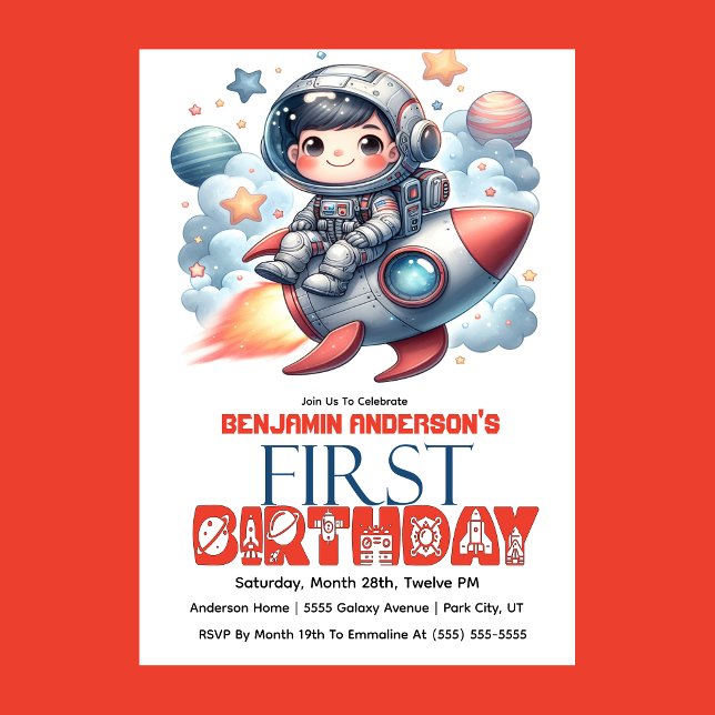 Rakete Astronaut Pojkens 1-årsdag Inbjudningar (Space astronaut boy riding rocket 1st birthday party invitation with planets and stars
)