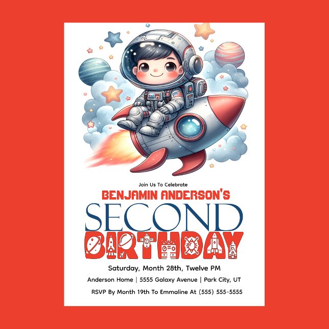 Rakete Astronaut Pojkens 2-årsdag Inbjudningar (Space astronaut boy riding rocket 2nd birthday party invitation with planets and stars
)
