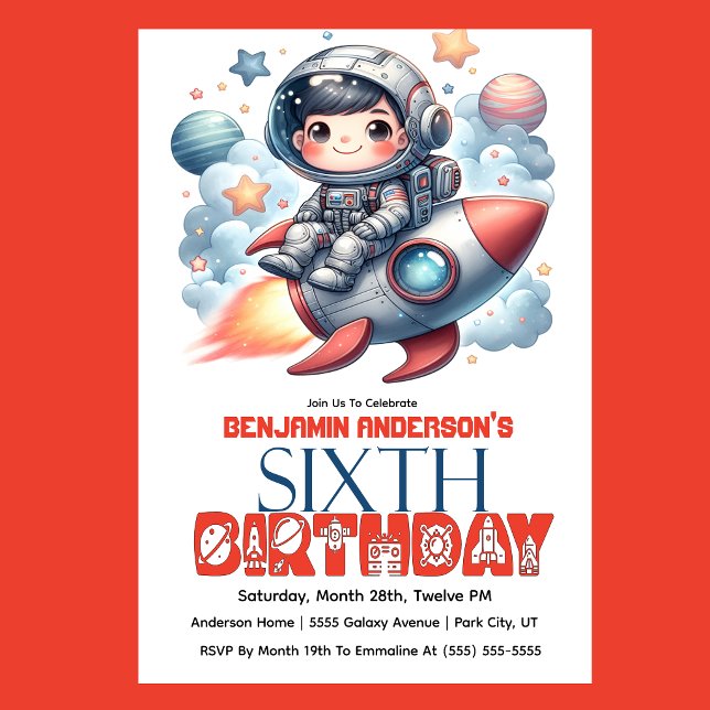 Raketelevpojken fyller 6 år inbjudningar (Space astronaut boy riding rocket 6th birthday party invitation with planets and stars
)