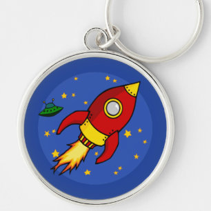 Raketröd gult Premium Keychain Rund Silverfärgad Nyckelring