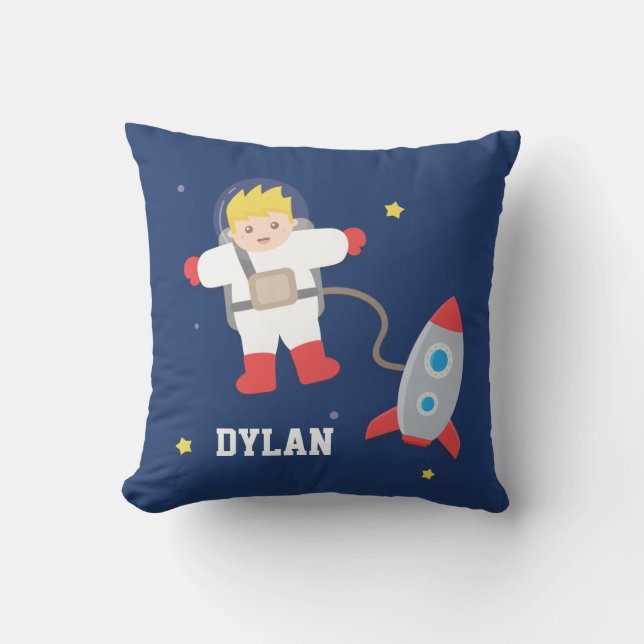 Raketsrymd liten blond astronaut pojkrum kudde (Framsida)