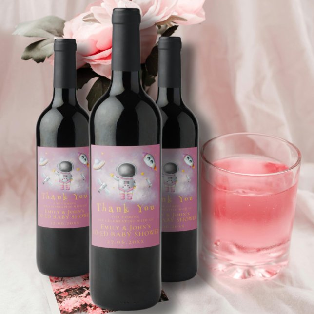 Raketstjärnor för rymdflicka Astronaut rosa Baby S Vinflaska Etikett (Skapare uppladdad)