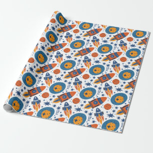 Raketstjärnor och planeter Orange och Blå Presentpapper