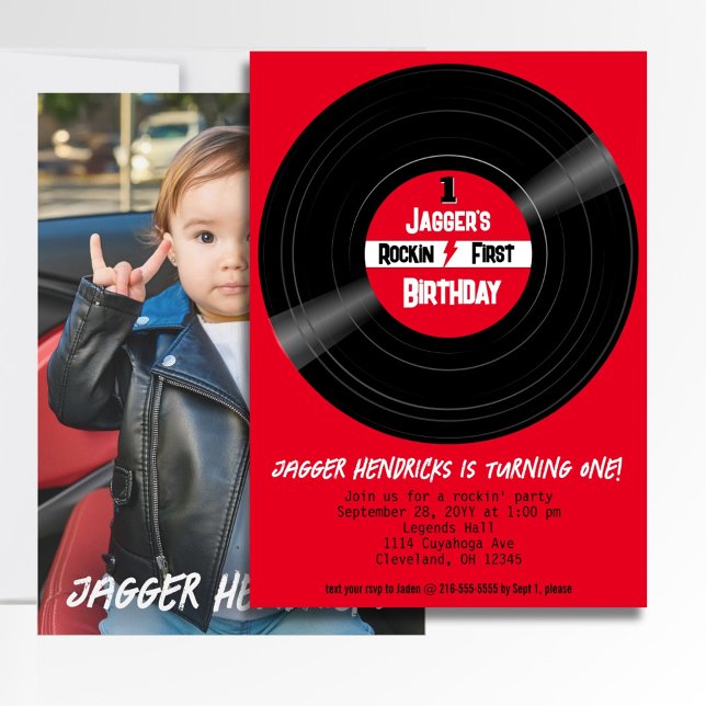 Rakin - första födelsedag - röd etikett för fotovi inbjudningar (Rock and Roll 1st birthday vinyl record photo invitation)