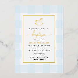 Rakinghorse Blue Gingham Baptism Foil-inbjudan