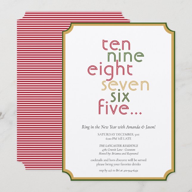 Räkna ned Röda Grönten Guld Nyårsafton Party Inbjudningar (Fram/baksida)