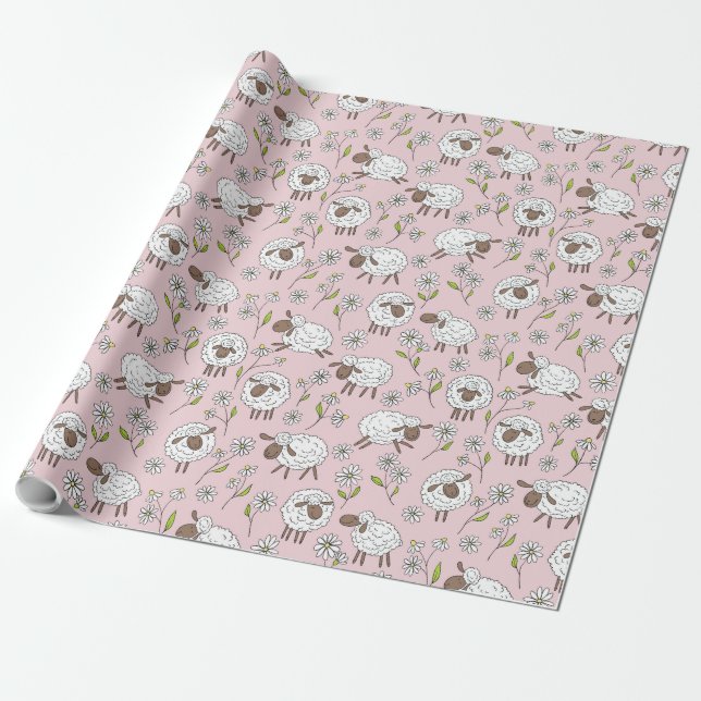 Räkning av får vid rosa av bomullskandy presentpapper (Utrullad)