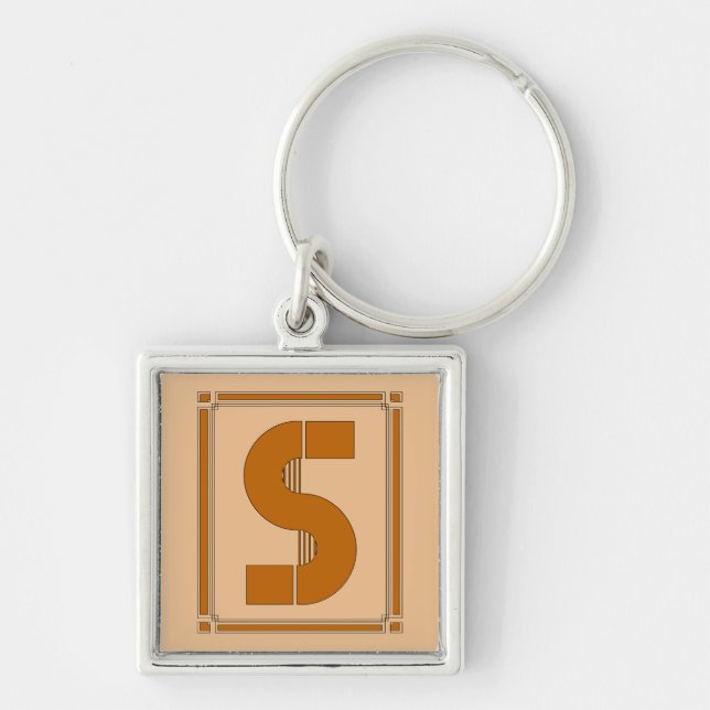 Raksträckan fodrar art déco med monogramen, brev S Fyrkantig Silverfärgad Nyckelring (Framsidan)