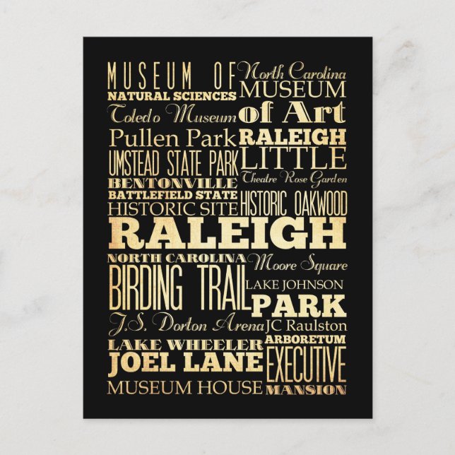Raleigh City of North Carolina State Typography Vykort (Framsida)