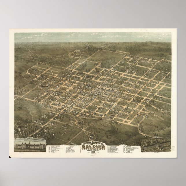 Raleigh N. Carolina 1872 Antique Panoramic Karta Poster (Framsidan)