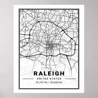 Raleigh North Carolina USA Travel City Karta Poster