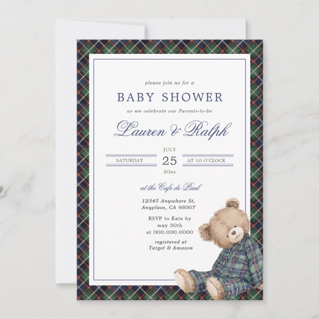 Ralph Plaid Teddy Bear Boy Navy Preppy Baby Shower Inbjudningar (Framsida)