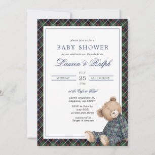 Ralph Plaid Teddy Bear Pojke Navy Preppy Bebis Dop Inbjudningar