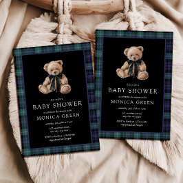 Ralph Teddy Bear Navy Green Plaid Baby Shower Inbjudningar