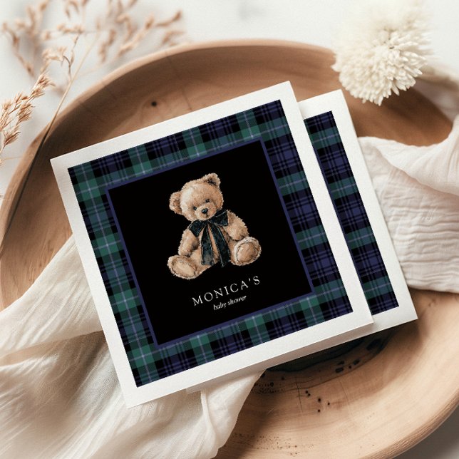 Ralph Teddy Bear Navy Green Plaid Baby Shower Pappersservett (ralph teddy bear napkins baby shower plaid)