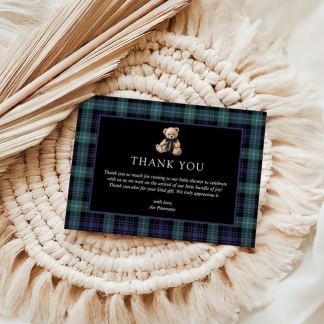 Ralph Teddy Bear Navy Green Plaid Baby Shower Tack Kort (Baby shower thank you card ralph teddy bear plaid tartan)