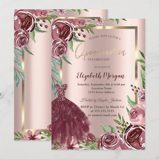 Ram,Burgundy Rosor Dress Ro Guld Quinceanera Inbjudningar (Fram/baksida)