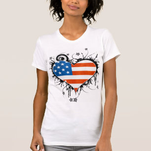 Ram för hjärta för damUSA flagga Grungy blom- Tee Shirt