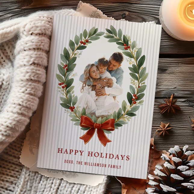 Ram för högtidlig fotokort med oval båge och gröns inbjudningar (Bow and Greenery Oval Frame Holiday Photo Card
)