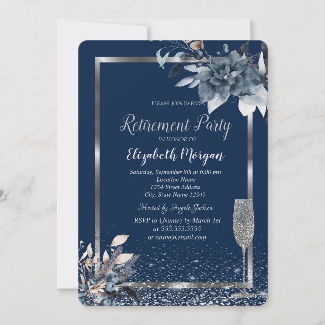Ram Konfetti Vinter Blomma Champagne Pension Inbjudningar (Framsida)