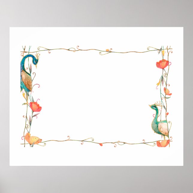 Ram med akvarell påfågel och blommönster poster (Framsidan)