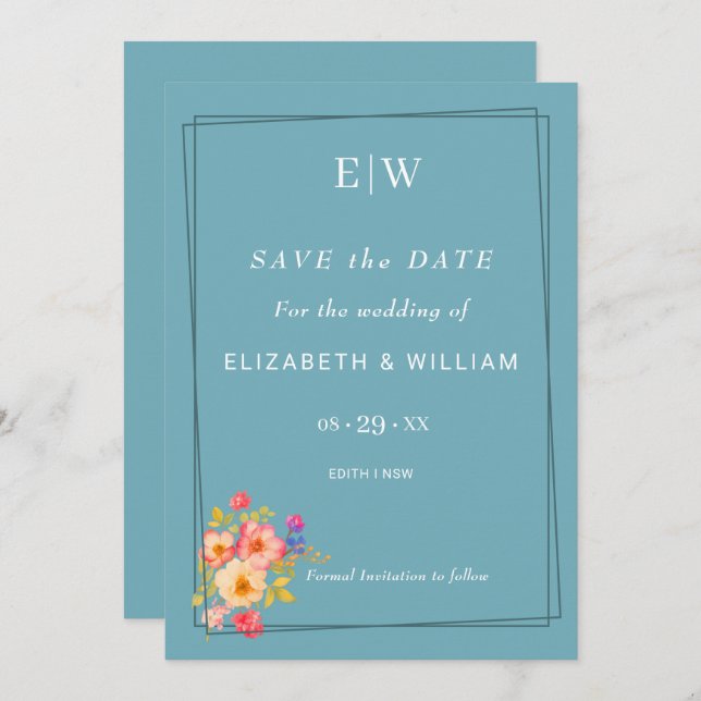 Ram med Ro, Bröllop stil på reflexblått Spara Datumet (Fram/baksida)