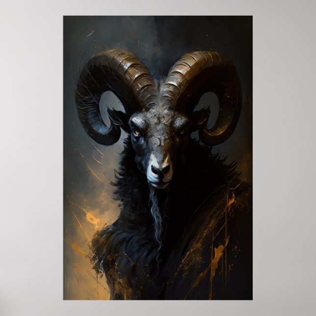 Ram Porträtt Animal Nature Wildlife Mörk Painting Poster (Framsidan)