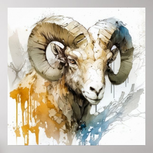 Ram Porträtt Animal Painting Wildlife utomhus Art Poster (Framsidan)