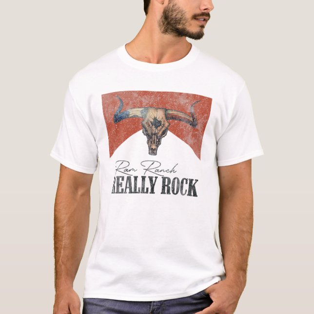 Ram Ranch Verkligen Sten Bull Skull Westernare Lan T Shirt (Framsida)