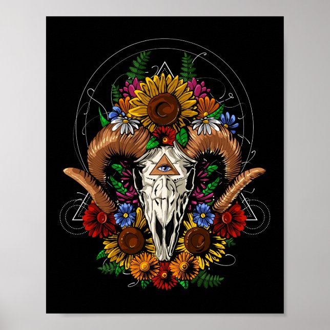 Ram Skull Flowers Poster (Framsidan)
