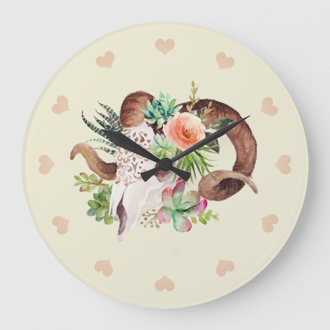 Ram Skull med vattenfärg och Succulents Stor Klocka (Framsida)