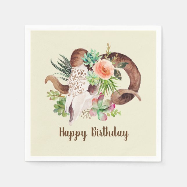 Ram Skull och Succulents Birthday Pappersservett (Framsidan)