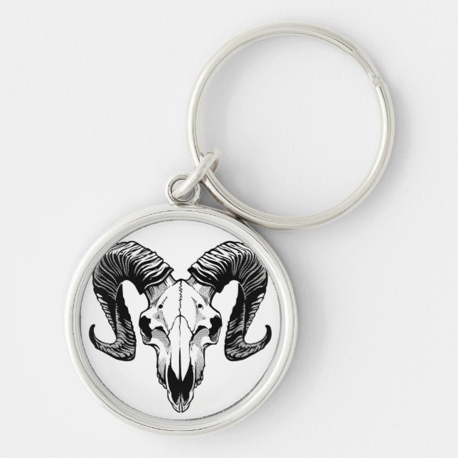 Ram skull rund silverfärgad nyckelring (Framsidan)
