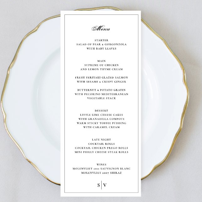 Ramad | Elegant Monogram White Bröllop Meny (Skapare uppladdad)