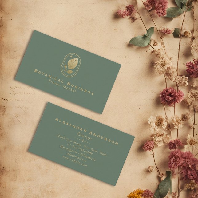 Ramad Guld Löv Minsta botaniska Grönt Visitkort (Framed Gold Leaf Minimal Botanical Green Business Card)