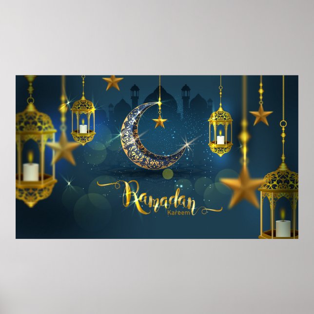 Ramadan Blue och Guld Måne Fanoos Poster (Framsidan)