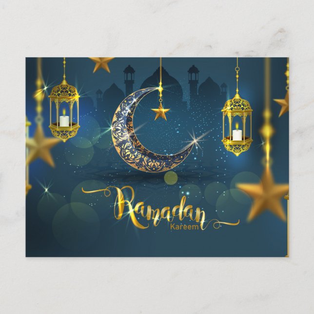 Ramadan Blue och Guld Måne Fanoos Vykort (Framsida)